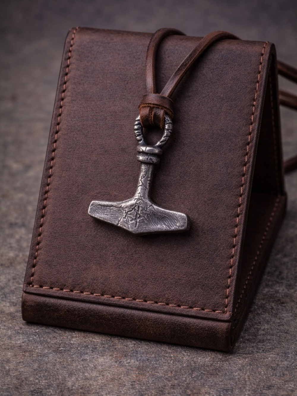 Viking Thor’s Hammer Pendant Necklace on Brown Leather Cord
